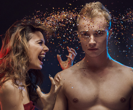 Conceptual picture of an arguing young coupleの写真素材