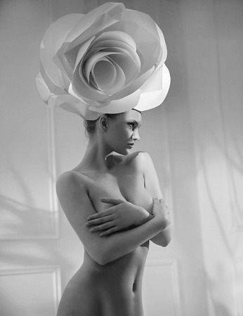 Black&white portrait of a nude womanの写真素材