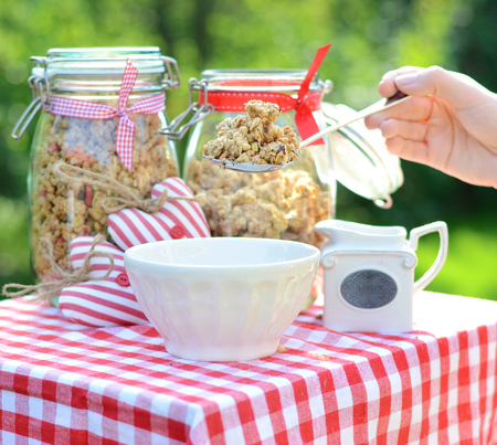 Tasty breakfast in the green, summer gardenの写真素材