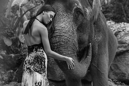 Black&white portrait of a model hugging an elephantの写真素材