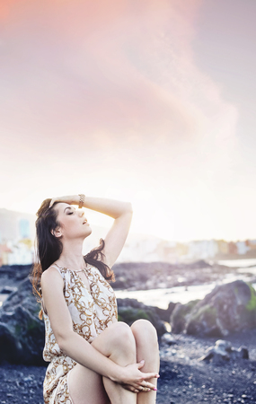 Portrait of a sensual woman on a tropical brunetteの写真素材