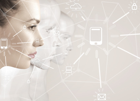 Woman and robots - artificial intelligence conceptの写真素材