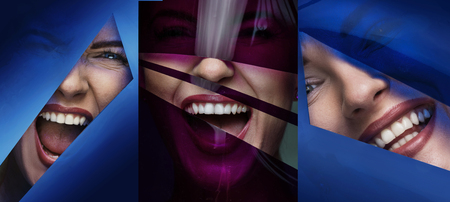 Multiple portrait of a female face behind a plastic, glittering tapeの写真素材