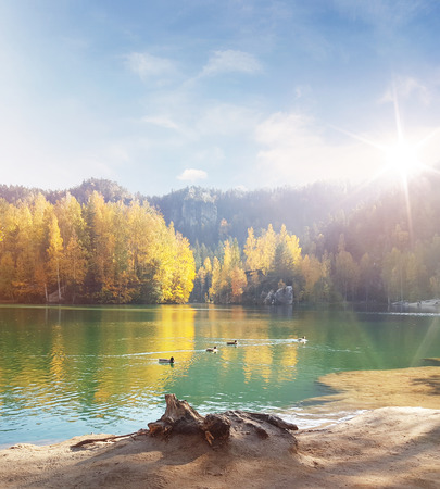 Beautiful, colorful autumn by the clear lakeの写真素材