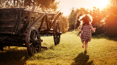 Portrait of a little, cute girl on a farmの写真素材
