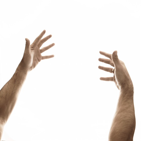 Two male hands on an empty, white backgroundの写真素材