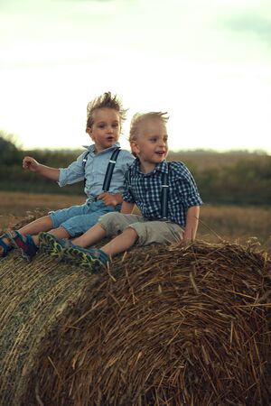 Two cute brothers leaning on the dry sheafの写真素材