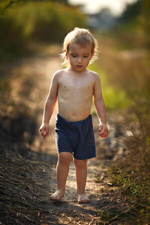 Portrait of a calm, little boy on the contry pathの写真素材