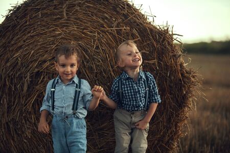 Two cute brothers leaning on the dry sheafの写真素材