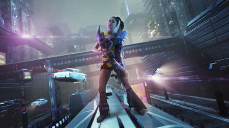 Cyberpunk style image, beautiful brunette warriorの写真素材