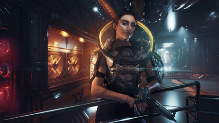 Cyberpunk style image, beautiful brunette warrior
