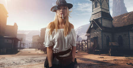 Post-apocalyptic beautiful blonde woman outdoor
