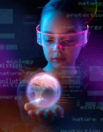 Concept of future technology or entertainment system, virtual reality. Female portrait lit by HUD...