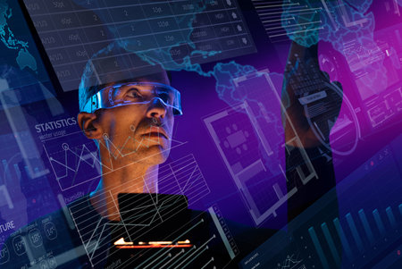 Man controlling a futuristic digital interfaceの写真素材