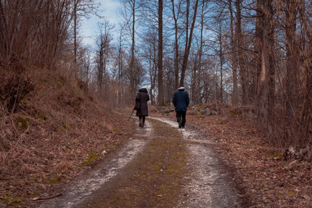 Couple walking on the path on the mountain forestの写真素材