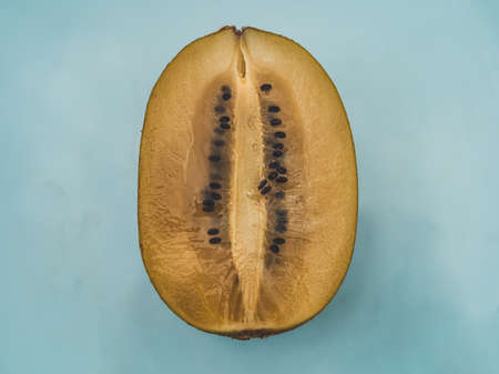 kiwi fruit cut in half, still life, studio photography, fruit on a blue backgroundの写真素材