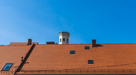 rooftops with blue sky in the backgroundの写真素材