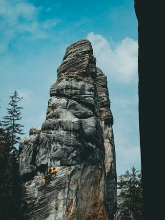 high rocks and trees in the mountainsの写真素材