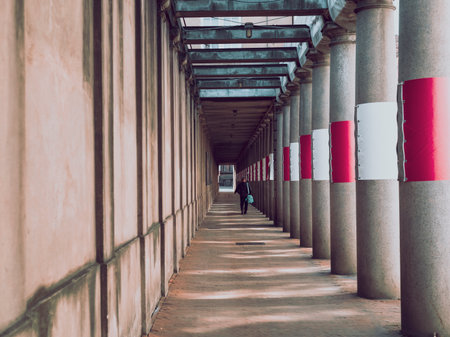pedestrian passageway with concrete columns, architecture in Copenhagen, Denmark