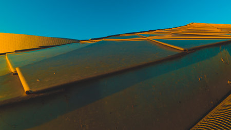 yellow metal part of the roofの写真素材