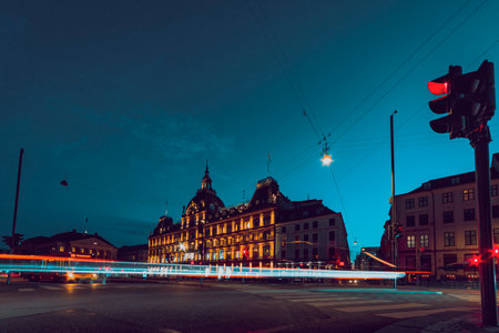 city street at night with blurred lights, light trails at nightの写真素材