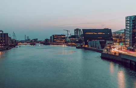 water canal in Copenhagen at duskの写真素材
