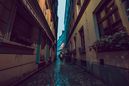 alley in old town with cobblestone street at eveningの写真素材