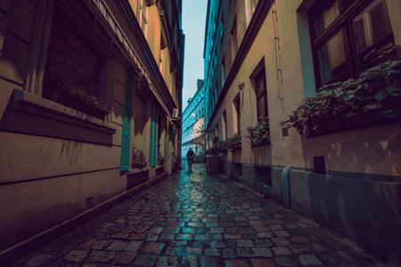 alley in old town with cobblestone street at eveningの写真素材