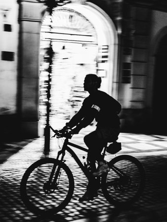 silhouette of the woman cycling at nightの写真素材