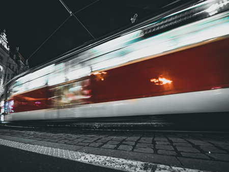tram in movement at night