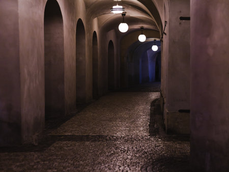 empty alley in old town at nightの写真素材