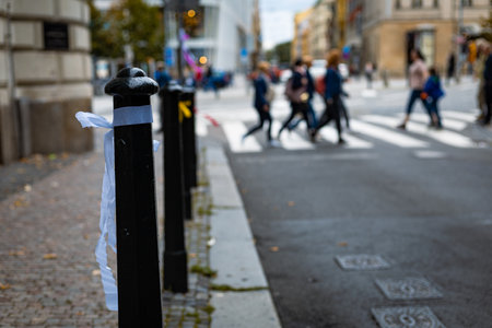 ribbon hanging on a street poleの写真素材