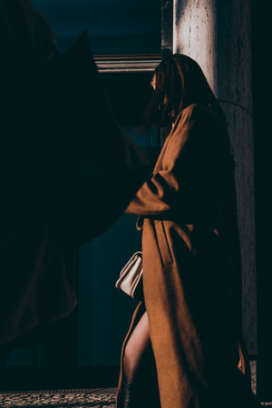 silhouette of a woman in a coat walking down a streetの写真素材
