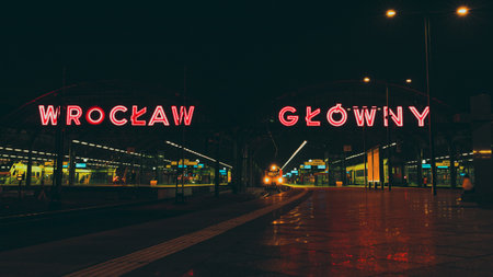 main train station at nightの写真素材