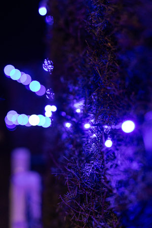 christmas tree decoration with blue bokeh lights in the night