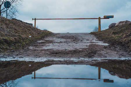 Reflection of a bridge in a puddle on a cloudy day