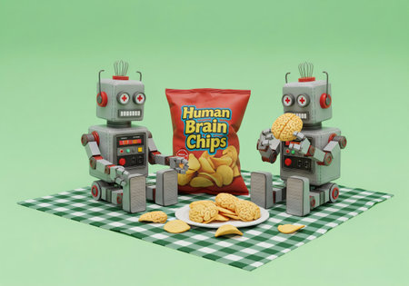 Retro robots on a green checkered blanket with âHuman Brain Chipsâ, one holding a brain-shaped disc, surreal photorealistic conceptの素材