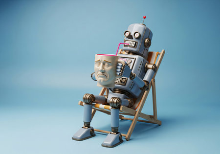 Retro robot relaxing on a beach chair drinking pink liquid through a straw from a sad human head shaped mug, symbolizing AI consuming human knowledge without consentの素材
