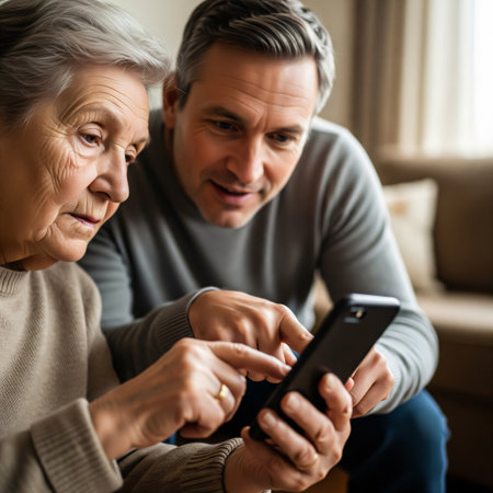 Elderly person learning smartphone app from middle-aged family member, authentic intergenerational tech support, candid lifestyle, warm expressions, home and urban park settings.の素材