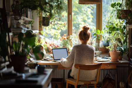 Remote work lifestyle - young woman working from home office with laptop and plants.の素材