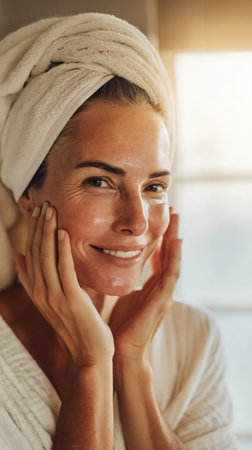 Bathroom skincare routine portrait, young woman with towel turban holding cosmetic product, candid selfie style, authentic natural beauty at homeの素材