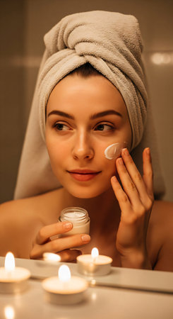 Bathroom skincare routine portrait, young woman with towel turban holding cosmetic product, candid selfie style, authentic natural beauty at homeの素材