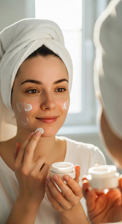 Bathroom skincare routine portrait, young woman with towel turban holding cosmetic product, candid selfie style, authentic natural beauty at homeの素材