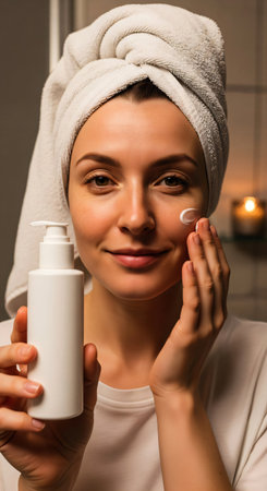 Bathroom skincare routine portrait, young woman with towel turban holding cosmetic product, candid selfie style, authentic natural beauty at homeの素材