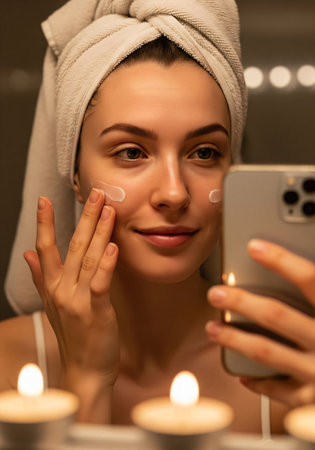 Bathroom skincare routine portrait, young woman with towel turban holding cosmetic product, candid selfie style, authentic natural beauty at homeの素材