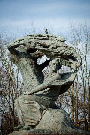 WARSAW, POLAND - MARCH 30, 2018: Monument of famous Polish composer Fryderyk Chopin in Lazienki Park. Photo with shallow depth of field.のeditorial素材