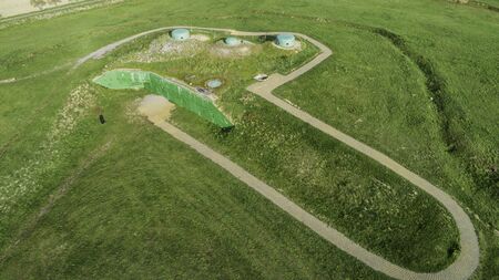MRU World War II fortification bunker, Pniewo, near Miedzyrzecz, Poland. Entrance to the underground corridor system. German militarized zone from World War II. Aerial view.の写真素材