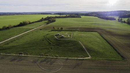 MRU World War II fortification bunker, Pniewo, near Miedzyrzecz, Poland. Entrance to the underground corridor system. German militarized zone from World War II. Aerial view.の写真素材