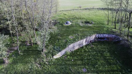 MRU World War II fortification bunker, Pniewo, near Miedzyrzecz, Poland. Entrance to the underground corridor system. German militarized zone from World War II. Aerial view.の写真素材