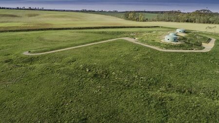 MRU World War II fortification bunker, Pniewo, near Miedzyrzecz, Poland. Entrance to the underground corridor system. German militarized zone from World War II. Aerial view.の写真素材